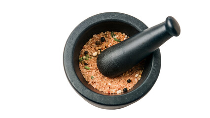 Stone mortar and pestle with spice blend isolated on transparent background isolated on white background