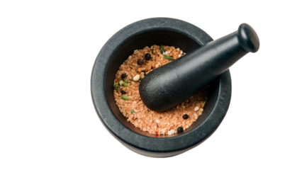 Stone mortar and pestle with spice blend isolated on transparent background isolated on white background