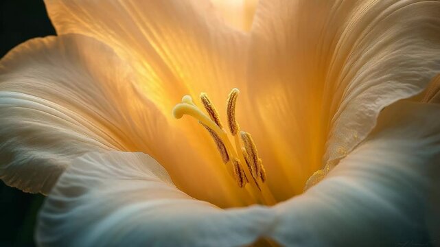 Dusty anther resting inside soft yellow bloom, illuminated by warm light, ultra-detailed macro shot showing rich contrast and depth