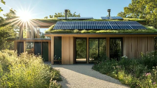 Eco-friendly house with green roof, solar panels, natural wood cladding, gravel path and sunlight showcasing energy-efficient design
