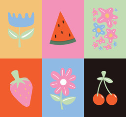 Abstract summer botanical doodle background art vector set. Hand drawn flower, watermelon, strawberry, cherry. Design for print, wallpaper, clipart, wall art for home decoration.