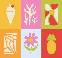 Abstract summer botanical doodle background art vector set. Hand drawn flower, coral, ice cream, pineapple. Design for print, wallpaper, clipart, wall art for home decoration.