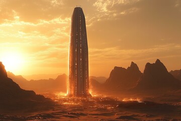 Futuristic tower glows in Martian landscape at sunset surrounded by dramatic red rocks and dusty atmosphere
