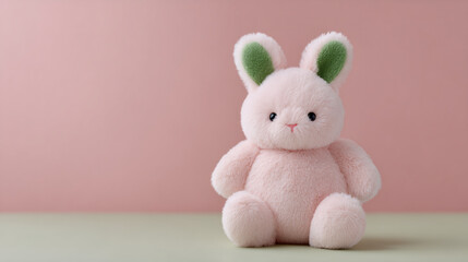 Cute pink plush bunny toy with green ears on pastel background. Soft stuffed animal for child. Easter gift, nursery decor, baby shower present concept with copy space