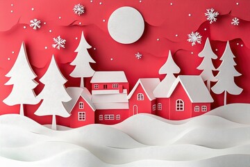 Obraz premium Charming Christmas paper cut illustration showcasing a snow-covered village with white trees and a red background under a large moon