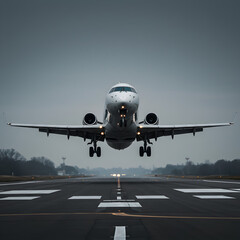 Fototapeta premium Airplane Landing: Dramatic Perspective of Commercial Jet on Runway
