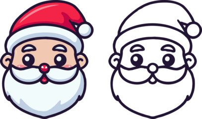 Cute Santa Claus face in a cartoon style, shown in both colored and outline versions on transparent background