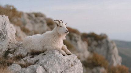 Mountain goat resting on rocky cliff ledge in rugged terrain. Wildlife photography of alpine fauna in natural habitat. Majestic animal portrait for nature conservation awareness