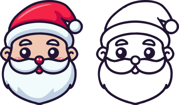 Cute Santa Claus face in a cartoon style, shown in both colored and outline versions on transparent background