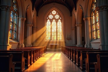 Tranquil parish church interior, sunlight streaming through stained glass windows , light, window, historic