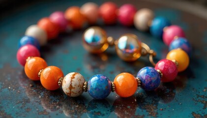 Vibrant beaded necklace, earrings set close-up, vibrant, craft, simple