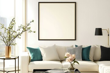 Naklejka premium Square blank picture frame mockup showcased in a modern living room.
