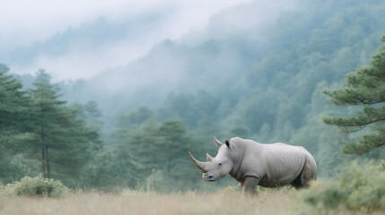 White rhinoceros in misty forest landscape. Endangered species conservation concept. Wildlife photography for environmental awareness campaign and nature protection poster