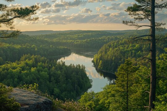 High Angle View Of Serene Forest Lake During Sunrise