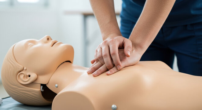 Training on CPR techniques using a mannequin in a simulated emergency setting at a healthcare facility