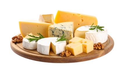 A Diverse Selection of Exquisite Cheeses and Walnuts on a Rustic Wooden Platter Isolated on solid white Background Png format