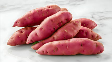 Pile Of Fresh Pink Sweet Potatoes On Marble Surface