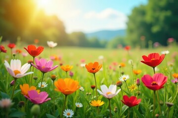 Fototapeta premium Vibrant wildflowers, meadow in full bloom, sunlit, colorful, outdoor, countryside