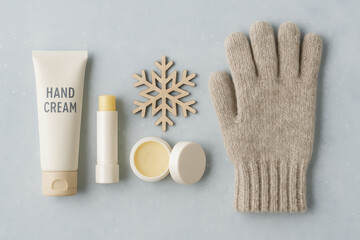Winter skincare flat lay with hand cream, lip balm and glove

