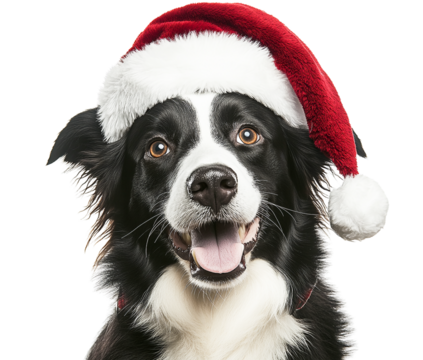 Happy border collie in santa hat for christmas isolated on transparent PNG