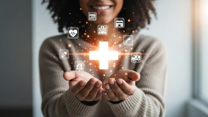 Woman hand holding plus icon for the healthcare medical icon. Health insurance health concept. access to welfare health and copy space