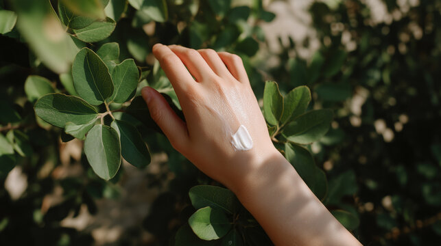 Closeup of hand with moisturizing cream applied on back surrounded by green leaves in natural light, showing skin care and hydration in peaceful outdoor setting