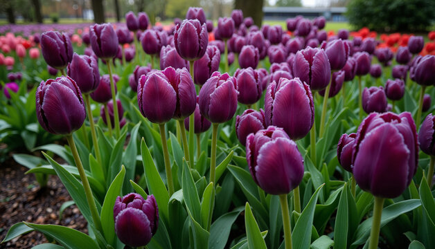 Purple tulips blooming in garden during spring season   - Powered by Adobe