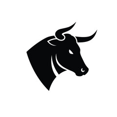 Black Silhouette of a Bull Head with Horns on White Background