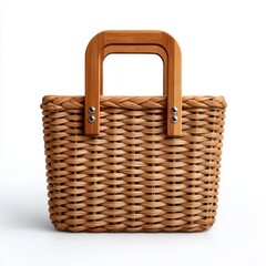 Woven wicker basket bag with bamboo handle isolated on white background