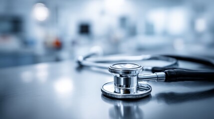 Closeup Stethoscope On Stainless Steel Table In Modern Medical Office