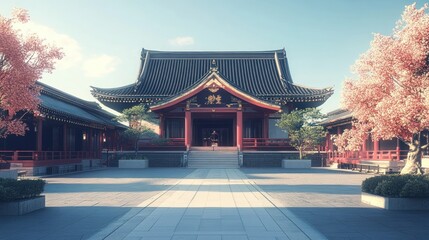 Obraz premium Tranquil Japanese temple courtyard at dawn, with cherry blossom trees lining the path, leading to a grand entrance.