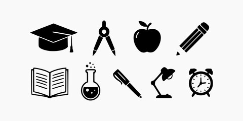 A comprehensive set of education icons featuring a graduation cap, apple, pencil, book, compass, pen, desk lamp, alarm clock and beaker perfect for school branding and educational designs