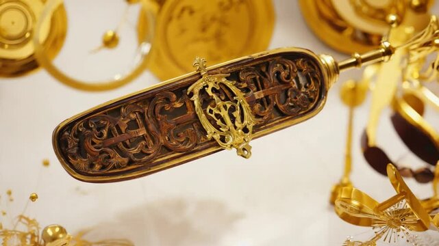 Close-Up of Ornate Antique Key with Gold and Wood Details

