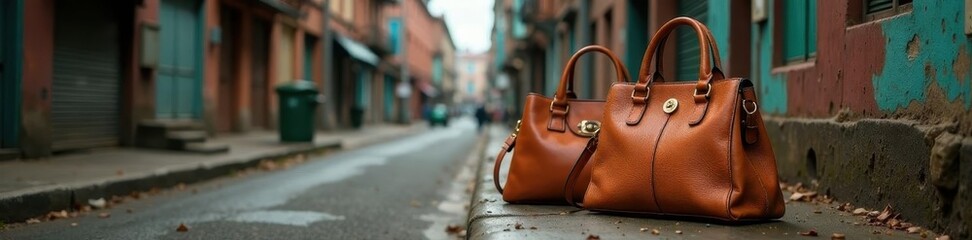 Chic mocha mousse handbags in a gritty urban setting , gritty, stylish