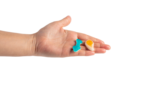 Jelly coke bottle and various shapes, colorful and delicious, and hand on transparent background