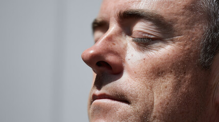 Obraz premium Closeup of man with closed eyes showing detailed skin texture and wrinkles, expressing calmness and introspection in natural light