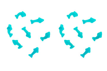 Jelly fish candies. Gummy shark, blue dolphin jelly coated with sugar on a transparent background.