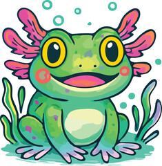 Playful Cartoon Frog with Bubbles and Seaweed
