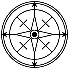 Ancient compass with runes line art vector illustration 