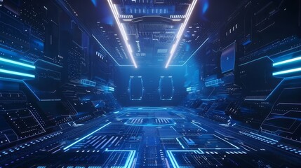 Futuristic Digital Tunnel Neon Blue Lights Abstract Technology Background Modern Sci Fi Corridor Virtual Reality Interface Design Glowing Lines Circuit Board Pattern Digital Art Graphic Design Element