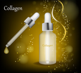 Collagen Serum Dropper Bottle with Golden Sparkle Background. Realistic Skincare Collagen Essence Bottle with Pipette and Glow