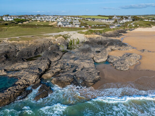 Cornwall, an aerial drone view of Treyarnon Bay, sandy beach and rocks