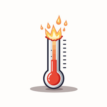 Cartoon thermometer exploding past top with sweat droplets.  This illustration shows a thermometer exceeding maximum temperature with fire and sweat.  Concept for heatwave alert design