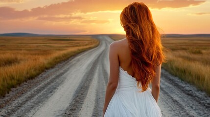 Woman with long red hair in a white dress standing on a rural dirt road at sunset