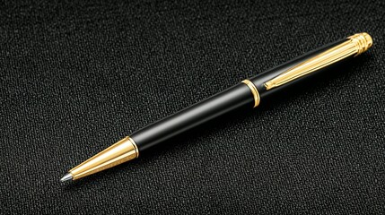 A black ballpoint pen with gold accents rests on a dark fabric surface.