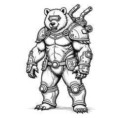 Obraz premium Steampunk Cyber Bear Warrior Vector Illustration with Mechanical Armor – Hand-Drawn Black and White Animal Character on White Background