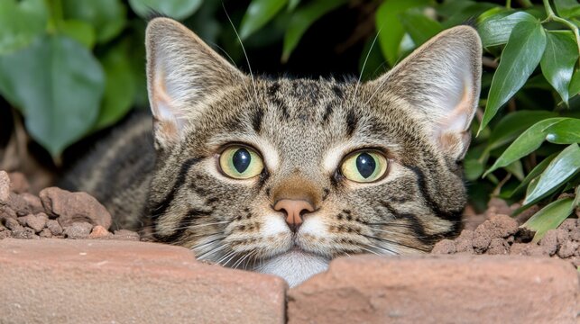 Close-up of a curious tabby cat peeking out from soil among green leaves