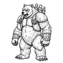 Fototapeta premium Steampunk Armored Bear Character Vector Illustration – Hand-Drawn Black and White Mechanical Animal Warrior on White Background