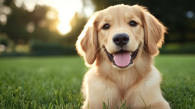 Happy golden retriever puppy lying on grass in a park during sunset