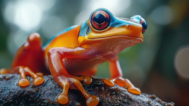A brightly colored dart frog poised in mid-jump, its smooth skin glistening with moisture
